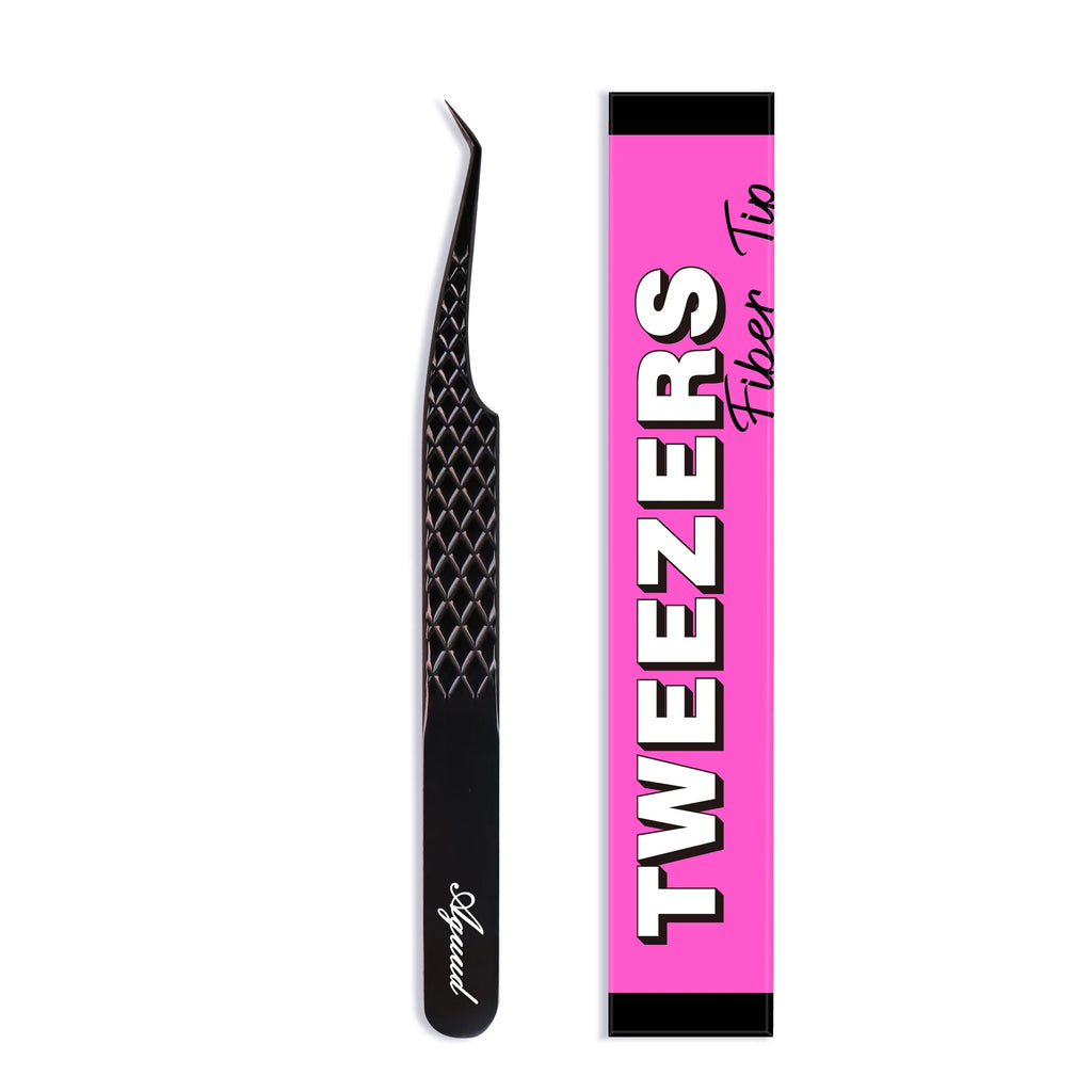 Aguud 45 Degree Fiber Tip Lash Tweezers, Non-Slip Hexi-Grip Volume Tweezers for Professional Eyelash Extensions Black
