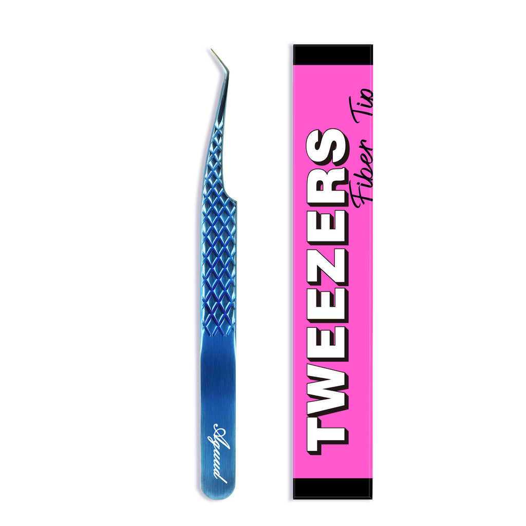 Pince à épiler à pointe bleue en fibre pour extensions de cils à 45°