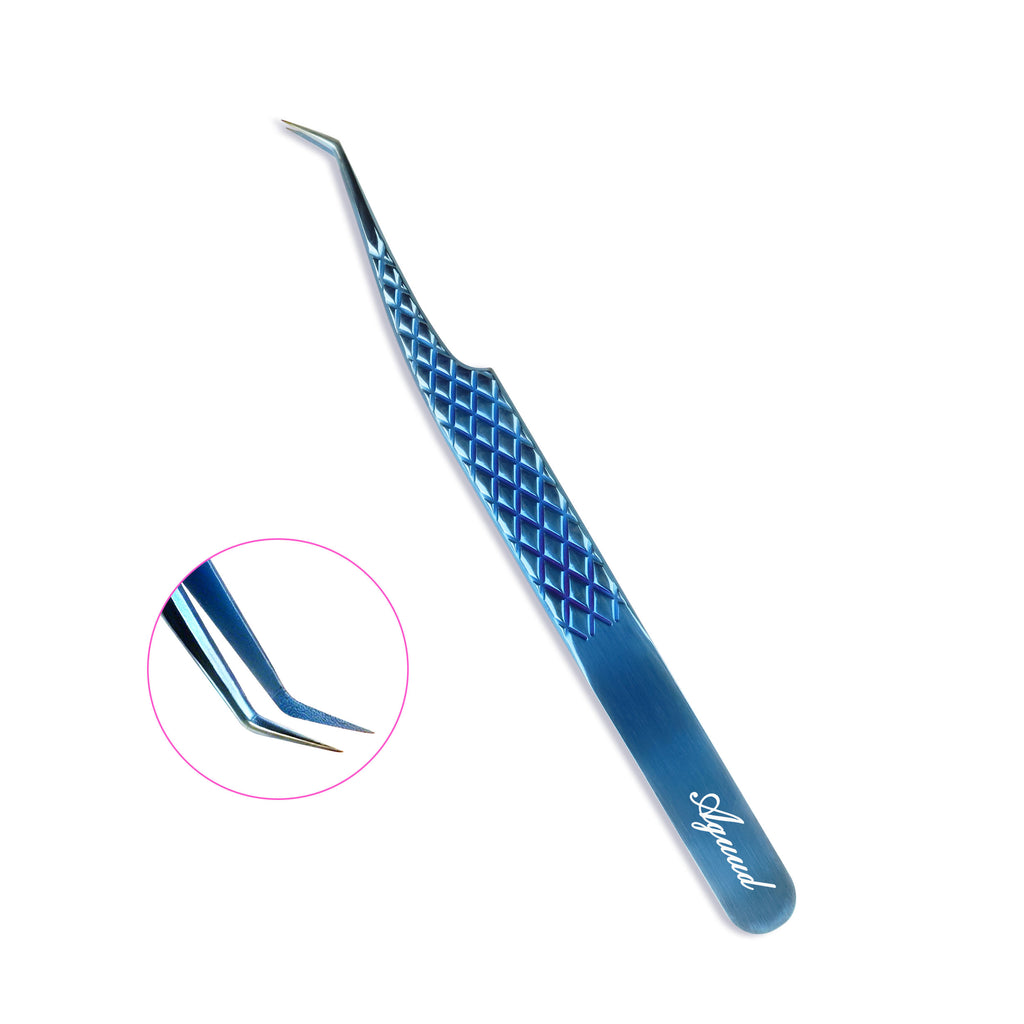 Pince à épiler à pointe bleue en fibre pour extensions de cils à 45°
