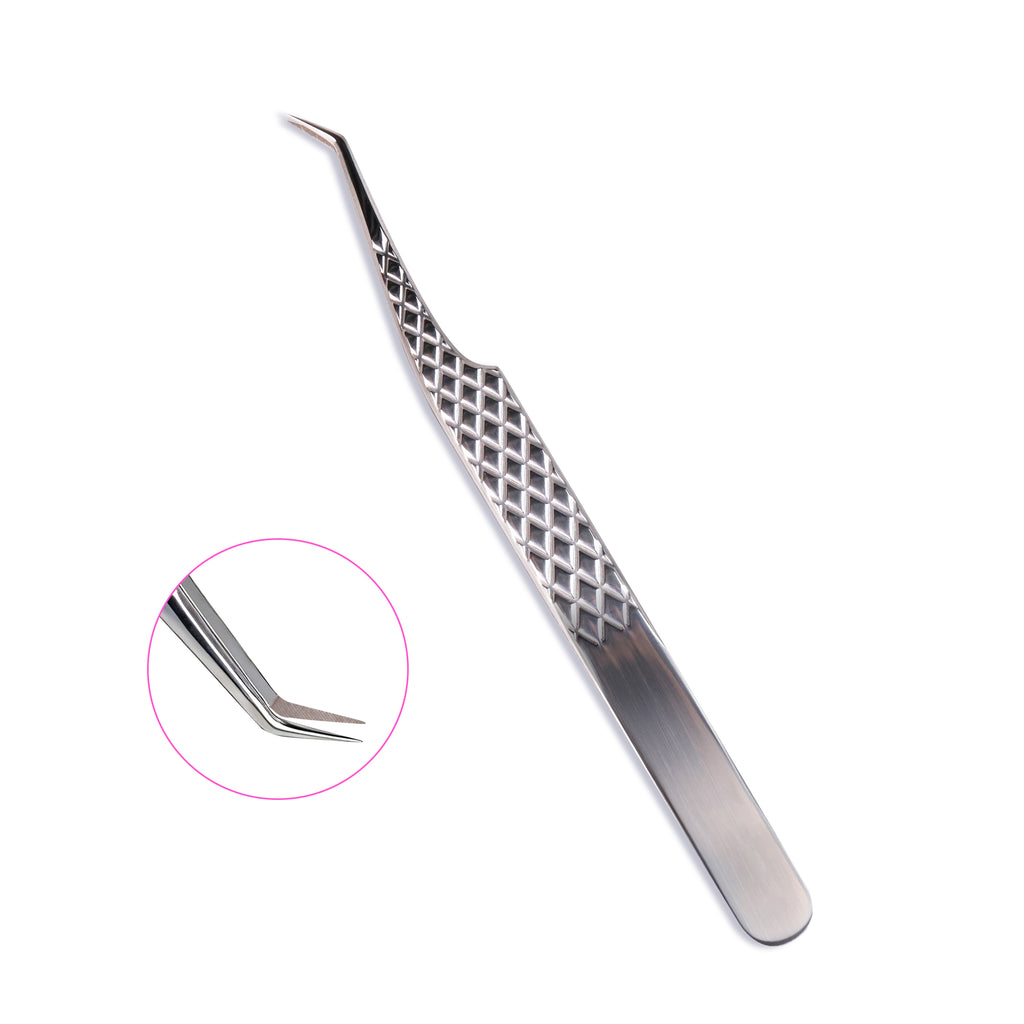 45° Silver‑Fiber Tip Lash Extension Tweezers